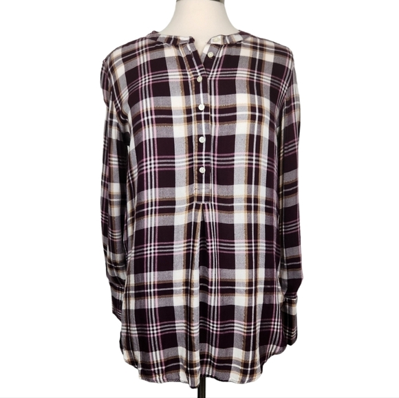 LOFT The Softened Plaid Half Button Gold Shimmer Burgundy Shirt Size Medium - Picture 1 of 9